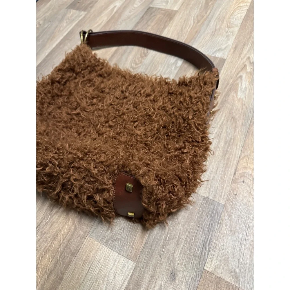 Eric Javits Brown Faux Fur Hobo Bag Leather Trim Adjustable Strap Shoulder Bag